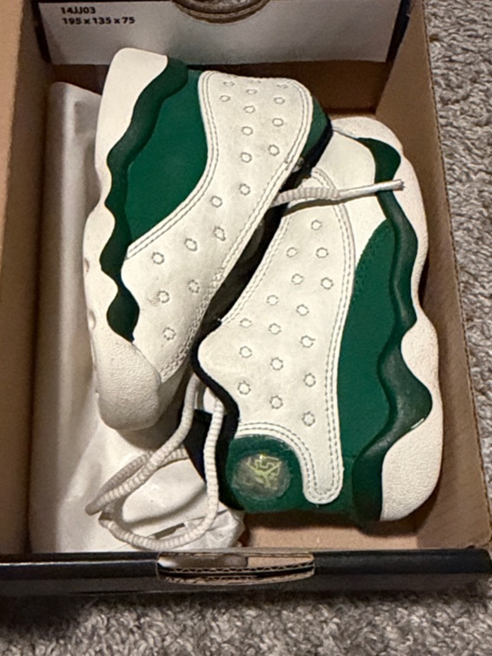 Jordan 13 Kids Green and White Retro Sneakers